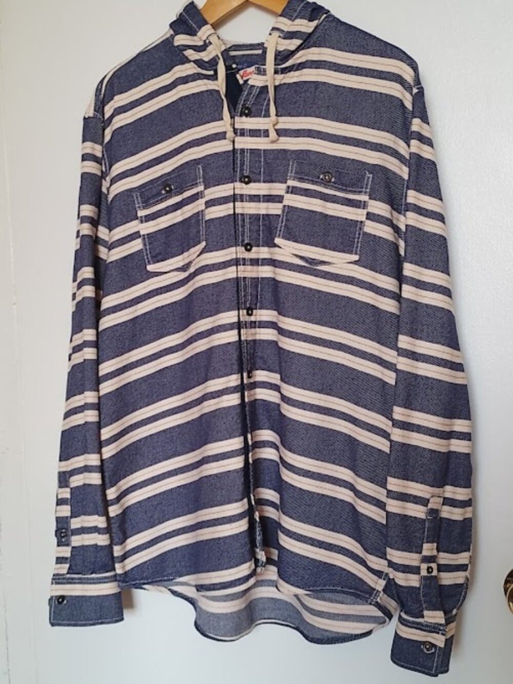Johnnie-O Surflannel Men's Striped Cotton Button-Down Hoodie, Size Large